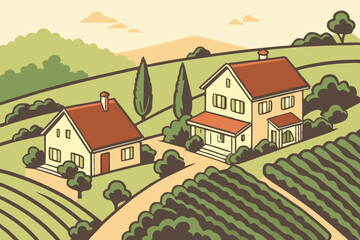 Aerial view of neighborhood homes near vineyard, ideal for lifestyle, tourism, or relocation ads