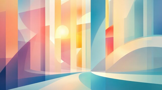 Abstract geometric cityscape with sunrise glowing pastel colors - Powered by Adobe
