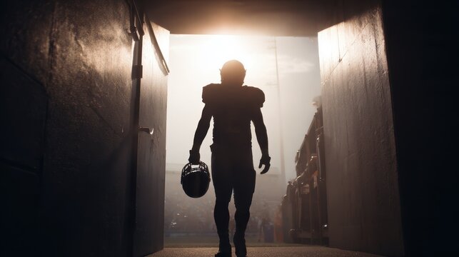 Football player prepares to enter the field during sunset for an exciting game in a lively stadium