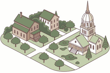 Aerial view of suburban homes near historic landmarks, ideal for relocation and lifestyle ads