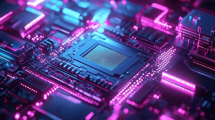 Circuit board glowing with neon data streams and processing power