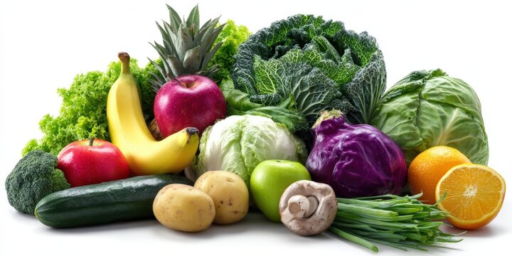 Fresh assortment of colorful fruits and vegetables including leafy greens, apples, bananas, and citrus, arranged beautifully on a white background, showcasing healthy eating and nutrition
