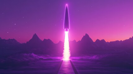 Neon glowing rocket launching from futuristic synthwave landscape