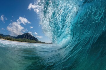 Majestic ocean wave crashing against the shore, showcasing vibrant turquoise water, with a backdrop of lush green mountains under a clear blue sky, capturing the beauty of nature