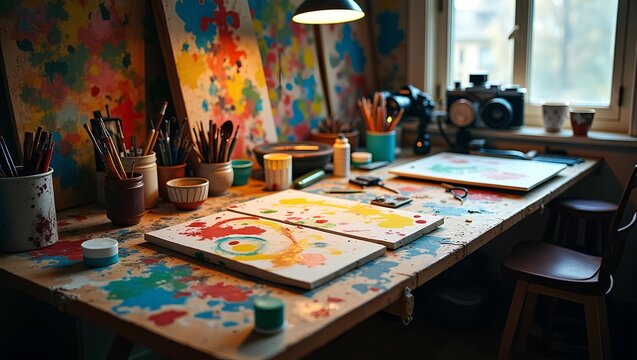 an authentic messy creative desk with scattered art supplies - Powered by Adobe