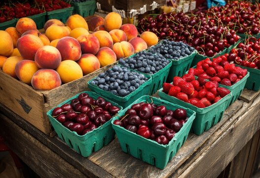 Fresh assortment of colorful fruits including peaches, cherries, blueberries, strawberries, and raspberries displayed in green baskets at a vibrant market setting with wooden textures - Powered by Adobe