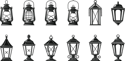 Collection of vintage lantern silhouettes featuring classic oil lamps and decorative street lights for retro lighting design, antique illustration, and outdoor decor artwork