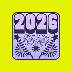 Stylish 2026 new year design with fireworks and stars on yellow background, perfect for posters, banners, and festive decorations