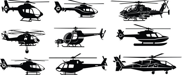 Vector helicopter detailed silhouettes,Set of helicopter ,helicopter icon logo set ,Vector isolated helicopter cliipart icon silhouette. Pictogram vector or plane flying silhouette