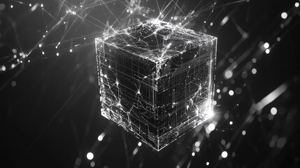 Digital data cube connecting network lines and glowing particles