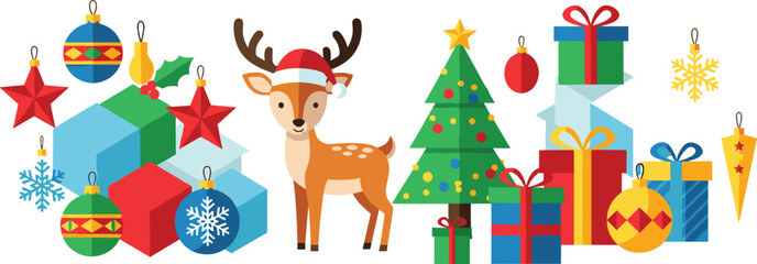 Colorful Christmas illustration featuring cute reindeer, decorated tree, festive ornaments, holiday gifts, snowflakes, stars, and winter celebration elements in flat design © CreativeArtist