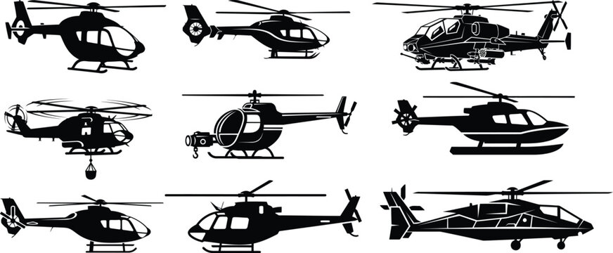 Vector helicopter detailed silhouettes,Set of helicopter ,helicopter icon logo set ,Vector isolated helicopter cliipart icon silhouette. Pictogram vector or plane flying silhouette