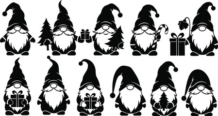 Christmas gnome silhouette collection with gifts, trees, candy canes and festive holiday elements in adorable decorative winter vector set