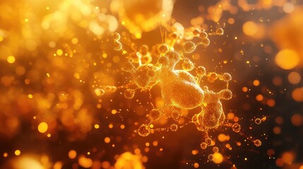 Glowing golden particles creating abstract molecule structure
