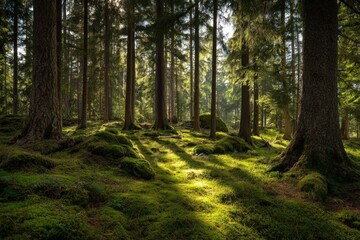 Fototapeta premium Lush green forest with tall trees and sunlight filtering through foliage, creating a serene atmosphere with vibrant moss covering the ground, showcasing nature's beauty and tranquility