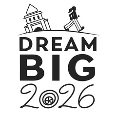 Fototapeta premium Dream big for the class of 2026, featuring a silhouette of a graduate walking towards the future, with a university building in the background isolated on