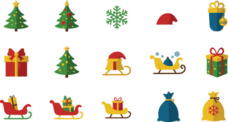 Christmas icon grid illustration, festive trees, sleighs, Santa hats, gift boxes, snowflakes, holiday vector design, seasonal celebration pack