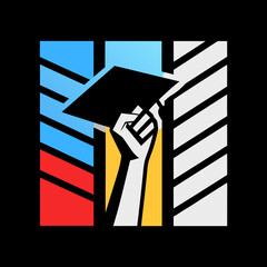 A bold graphic illustration of a hand holding a graduation cap against a vibrant, striped background, symbolizing triumph and the culmination of academic efforts