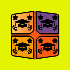 A vibrant and colorful graduation cube design featuring graduation caps and stars against a bright yellow backdrop, perfect for celebratory themes and educational materials