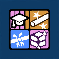 A collage of graduationthemed icons, including a cap, diploma, and gift box, symbolizing academic achievement, learning, and the rewards of education