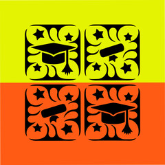 A vibrant and celebratory graduation design featuring stylized graduation caps, diplomas, stars, and decorative swirls, perfect for invitations and announcements