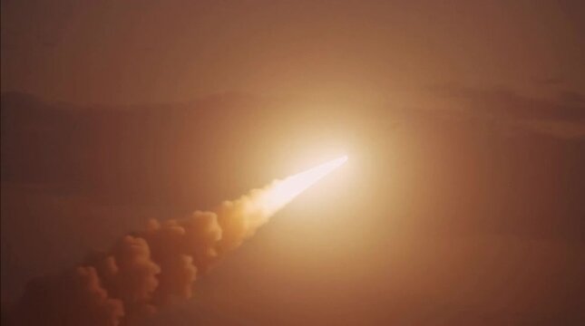 Night test of a rocket with fiery tail and lots of vapor launch from the launch complex of Ministry of Defence. Weapon. Attack. Air raid