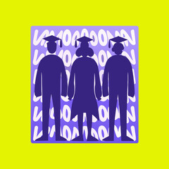 A trio of graduates in silhouette stand against a backdrop of stylized 2023 text, clad in graduation caps and gowns, symbolizing the graduating class