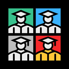 A group of graduates stand together in their caps and gowns, celebrating their achievement, with the word grads in the background isolated on