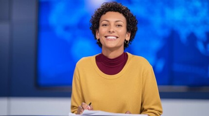 Curly Brown skin amicable female broadcaster from TV