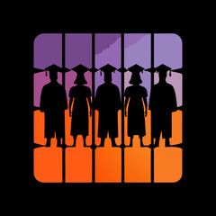 A group of graduates in silhouette stand in a row, wearing graduation caps and gowns, against a background of purple and orange squares, symbolizing achievement
