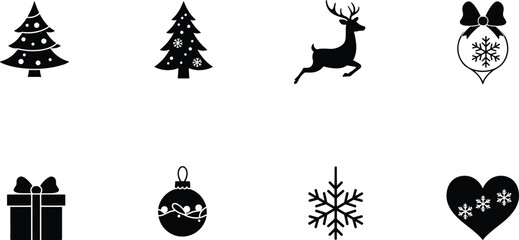 Christmas icon set, festive tree, reindeer, ornament, snowflake, gift box, heart symbol, black silhouette vector, seasonal celebration design