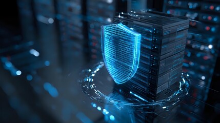 Data server with a digital shield hologram cybersecurity concept for data protection network security and privacy