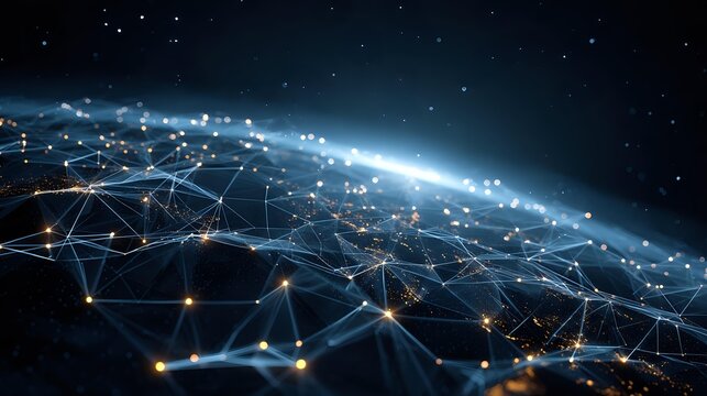 Global network connection abstract technology background with glowing nodes and lines representing data transfer and communication