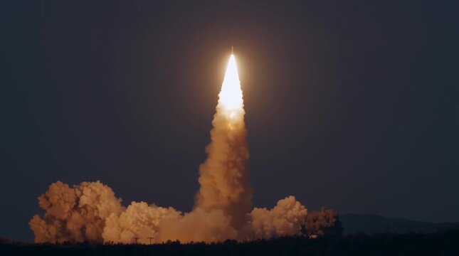 Army tests. War. Air raid. Alert. Distant launch of a ballistic missile with lots of vapor