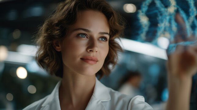 A scientist in a futuristic laboratory reshapes a genetic model using holographic data projections — a scene of innovation and discovery representing the cutting edge of biotechnology, artificial