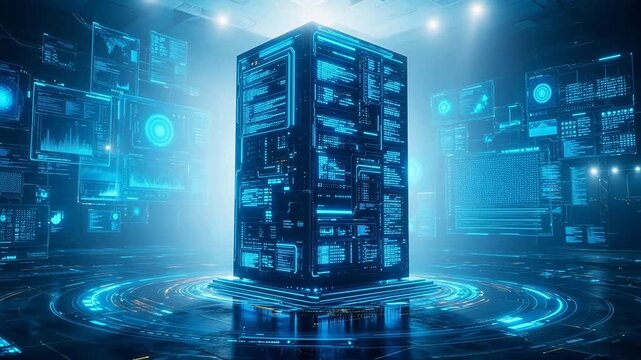 Futuristic server room with holographic displays - Powered by Adobe