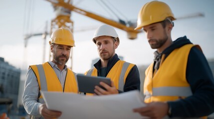 A construction crew stands beneath towering cranes, inspecting blueprints on a digital tablet — a powerful blend of traditional craftsmanship and modern technology. The diverse team of engineers,