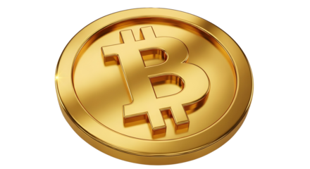 A 3D rendering of a golden Bitcoin coin on a transparent   background.
