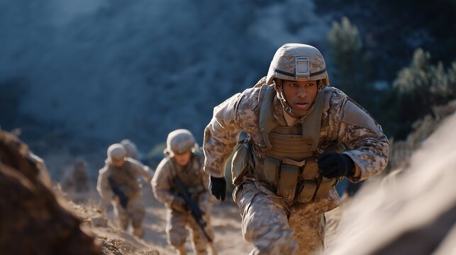 Wide shot of platoon navigating a simulated battlefield using AR helmets and digital overlays, symbolizing interactive military exercises, technology-driven strategy, and immersive combat