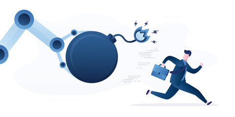 Robot arm give bomb with burning fuse for male employee. Sad business man run away from new technologies. Unemployment, jobless person, financial crisis. Robot vs human.