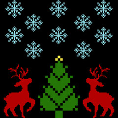 A festive pixel art scene featuring two red reindeer, a green Christmas tree, and snowflakes against a black background.