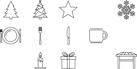 Christmas holiday icons, decorated tree, star, snowflake, dining plate, fork, knife, coffee mug, candle, wrapped gift, festive table design