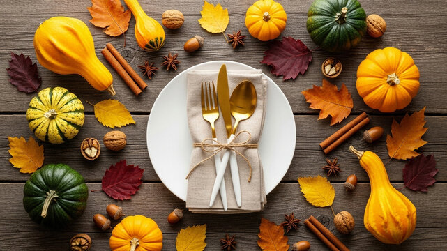 Warm Thanksgiving tabletop scene with pumpkins, cinnamon sticks, nuts and rustic dinnerware