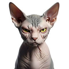 Hairless sphynx cat portrait, intense yellow eyes and wrinkled face isolated on transparent background