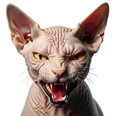 Aggressive sphynx cat close-up with bared teeth and intense eyes isolated on transparent background