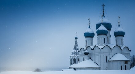 Russian Old New Year banner, blue–silver gradient, snowy Orthodox church