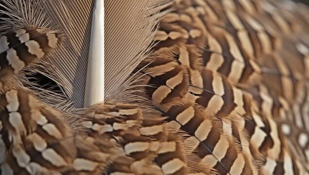 Macro Bird Feather Texture, Intricate Barred Pattern in Brown and Beige Tones