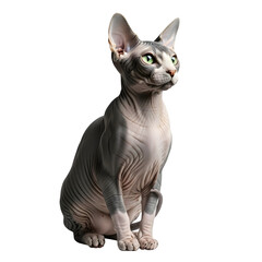 Hairless sphynx cat with vivid green eyes sitting on transparent isolated on transparent background