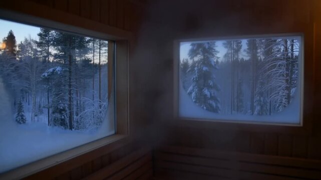 Shot from inside a wood-fired sauna looking out at a frozen pine forest from a chalet in winter twilight, concept of rustic wellness and contrast