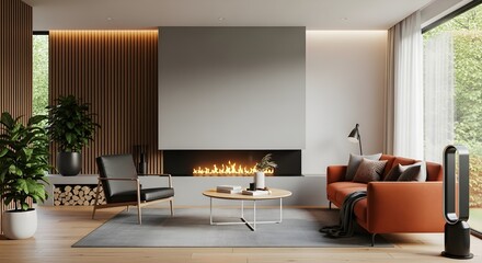 Cozy modern interior with fireplace, orange sofa, plants, sunlight.
